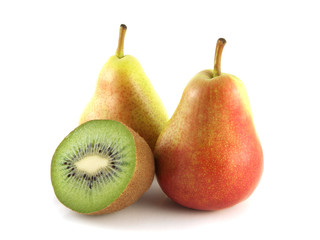 Red pears with half of kiwi on white background