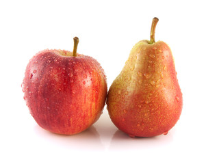 Ripe red pear with red apple on white background