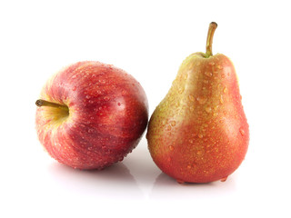 Ripe red pear with red apple on white background