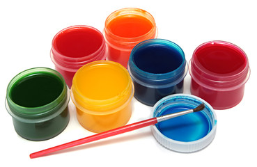 Children's paints in jars and brush