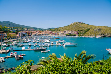Port with many yachts on summer day