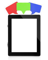 tablet computer with blank screen and speech bubbles