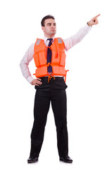 Businessman with rescue safety vest on white