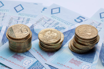 Polish money, coins, banknotes, close-up isolated on white 