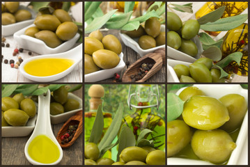 olives with olive oil, collage