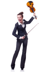 Obraz premium Businesswoman with violing isolated on white