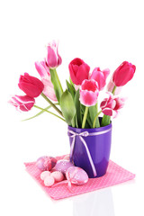 Easter composition with fresh tulips and easter eggs isolated