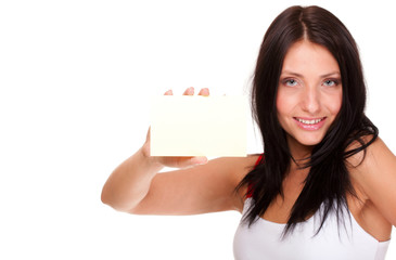 Gift card. Excited woman showing empty blank paper card sign