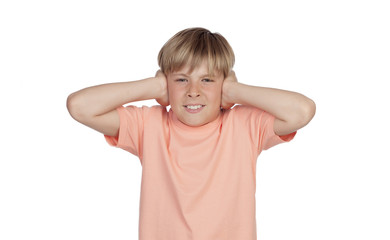 Preteen covering his ears