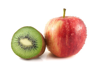 Isolated wet red apple with kiwi on a white