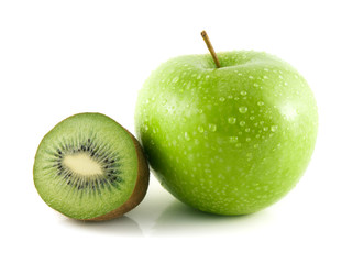 Isolated wet green apple with kiwi on a white