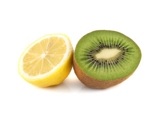 Fototapeta na wymiar Isolated sliced half of kiwi and half of lemon