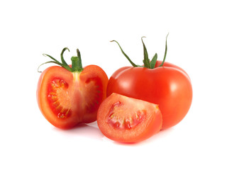 Isolated red tomato with sliced half on a white