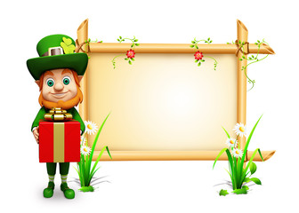 Leprechaun for st patrick day standing near sign