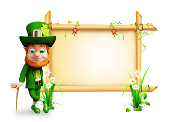 Leprechaun for st patrick day standing near sign