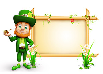 Leprechaun for st patrick day standing near sign