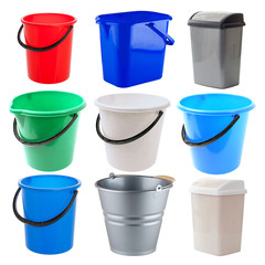 a collage of nine buckets
