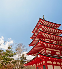 red Japanese pagoda with cherry blossom