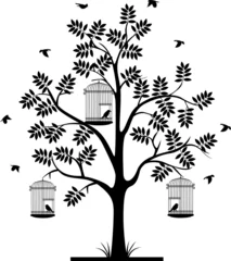 Fotobehang Vogels in kooien boomsilhouet en vliegende vogels in de kooi