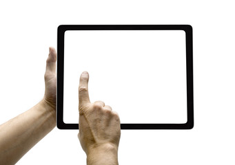 Hands with tablet computer. Isolated on white background.