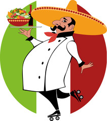 Mexican chef on roller skates bringing food