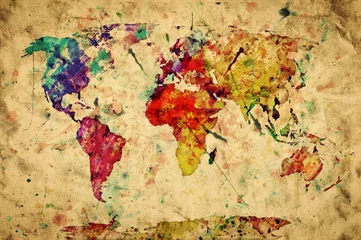 Zelfklevend Fotobehang Uitstekende wereldkaart. Kleurrijke verf, aquarel op grunge papier © Photocreo Bednarek