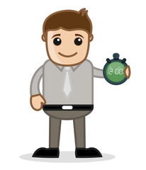 Cartoon Salesman Showing Time Clock