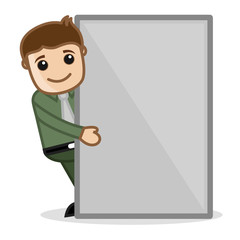Cartoon Office Man Pointing Blank Banner