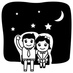 Cute Cartoon Couple at Romantic Love Night
