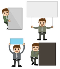 Cartoon Office Man with Blank Ad Banners and Boards