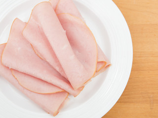 Plate of deli sliced smoked ham