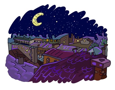Night city rooftops illustration