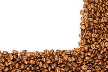 Coffee Border.  brown coffee beans isolated on white background.