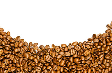 Coffee Border.  brown coffee beans isolated on white background.
