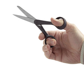 Scissors in hand isolated on white background
