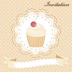 Invitation card with cute vanilla cake and cherry
