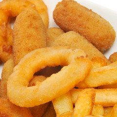 spanish combo platter with croquettes, calamares and french frie