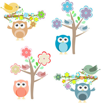 Blooming tree and branches with sitting owls and birds