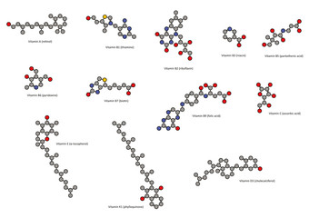Vitamins (all except vitamin B12), chemical structures