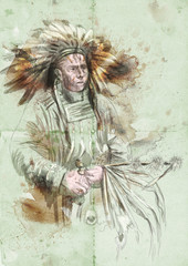 Fototapeta premium Indian chief holding a peace pipe