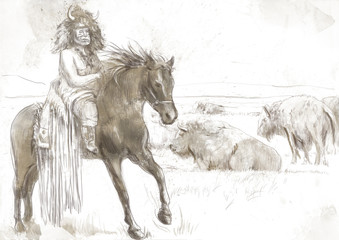 Indian Chief riding a horse, watching buffalo herd