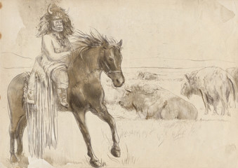 Indian Chief riding a horse, watching buffalo herd