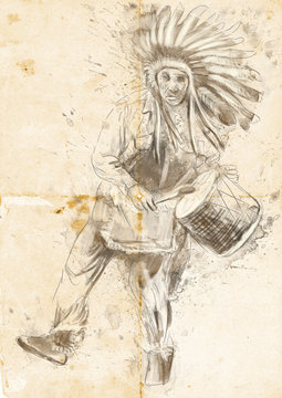 Indian Chief plays the drum and dance