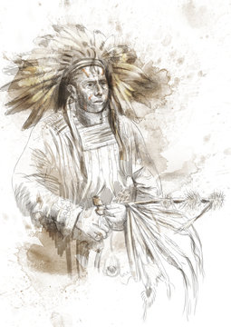 Indian chief holding a peace pipe