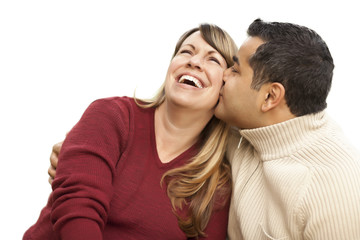 Attractive Mixed Race Couple Kissing on White