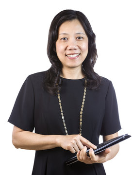 Mature Asian Woman in Business attire with open folder on White