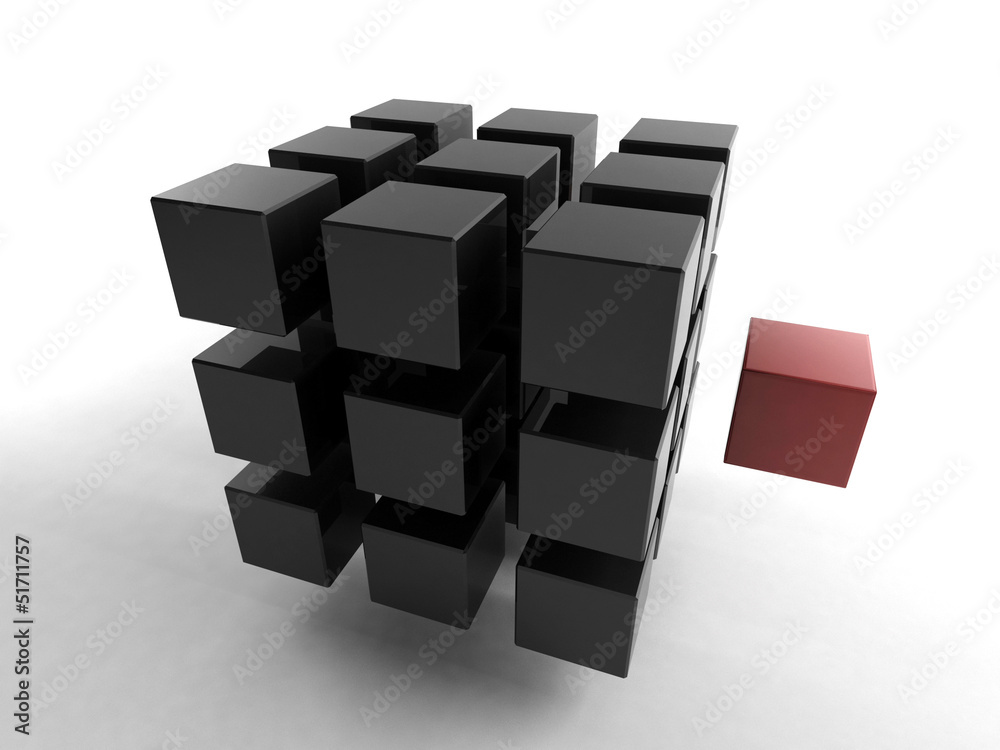 Sticker black 3d cube with mini red cube | concept