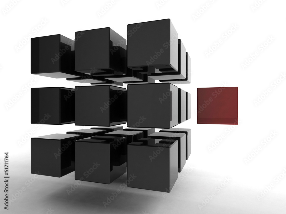 Wall mural black 3d cube with mini red cube | concept