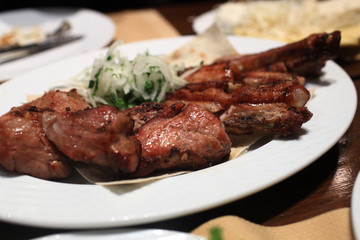 Shish kebab with onion rings