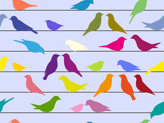 seamless pattern of colorful birds sitting on wires
